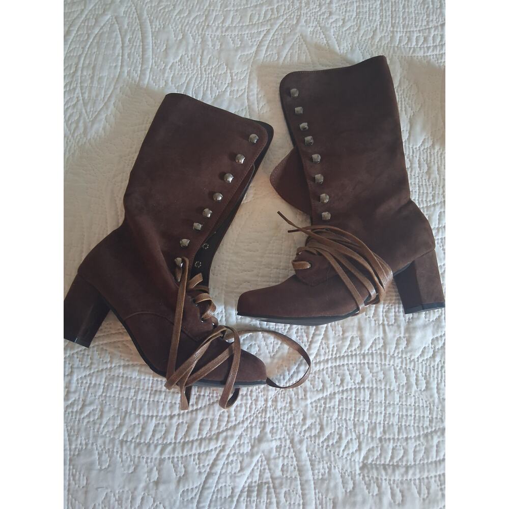 Hbeylia Lace Up Boots Suede Mid Calf  Booties for Women  (Brown, 7.5) Fit 6.5-7